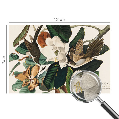 Papel mural texturado decorativo con un motivo de magnolias y pájaros