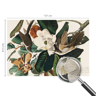 Papel mural texturado decorativo con un motivo de magnolias y pájaros