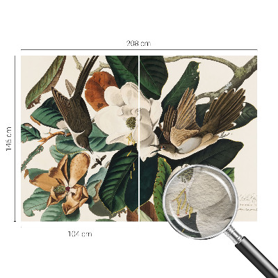 Papel mural texturado decorativo con un motivo de magnolias y pájaros