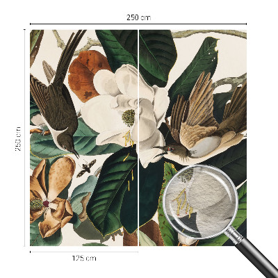 Papel mural texturado decorativo con un motivo de magnolias y pájaros