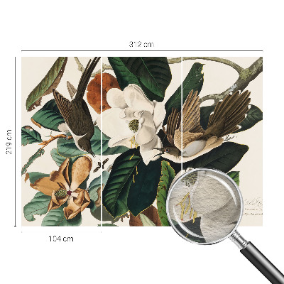 Papel mural texturado decorativo con un motivo de magnolias y pájaros