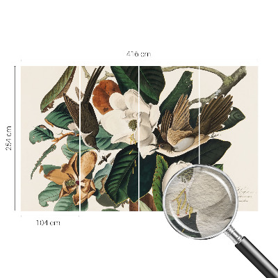 Papel mural texturado decorativo con un motivo de magnolias y pájaros