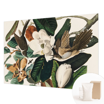 Papel mural texturado decorativo con un motivo de magnolias y pájaros
