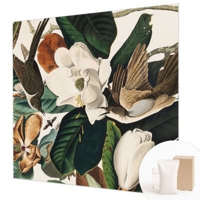 Papel mural texturado decorativo con un motivo de magnolias y pájaros