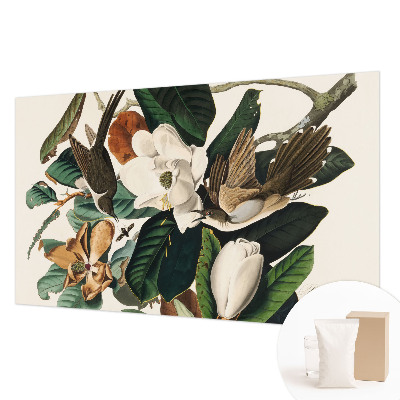 Papel mural texturado decorativo con un motivo de magnolias y pájaros