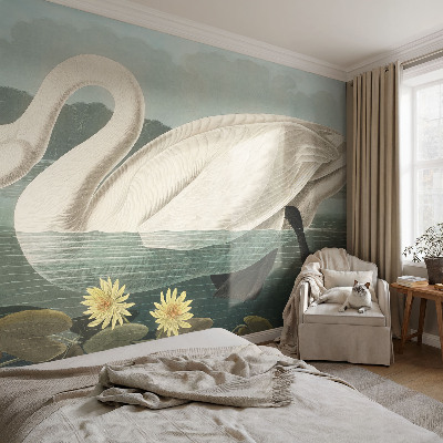 Mural decorativo con diseño de cisnes y nenúfares
