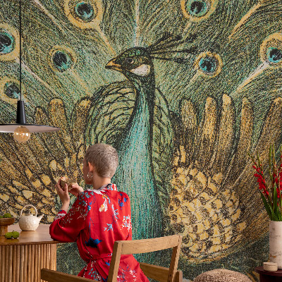 Papel mural con patrón decorativo con diseño de pavo real majestuoso