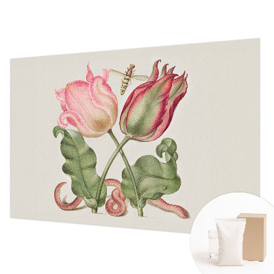 Fotomural decorativo para cabecero de cama con diseño de tulipanes que realza la pared detrás de la cama