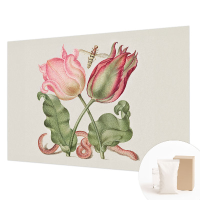 Fotomural decorativo para cabecero de cama con diseño de tulipanes que realza la pared detrás de la cama