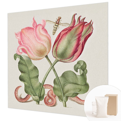 Fotomural decorativo para cabecero de cama con diseño de tulipanes que realza la pared detrás de la cama