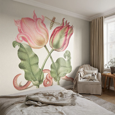 Fotomural decorativo para cabecero de cama con diseño de tulipanes que realza la pared detrás de la cama