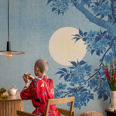 Mural decorativo con diseño de luna formada por flores