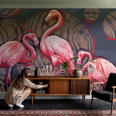 Papel mural texturado decorativo con diseño de flamencos rosas