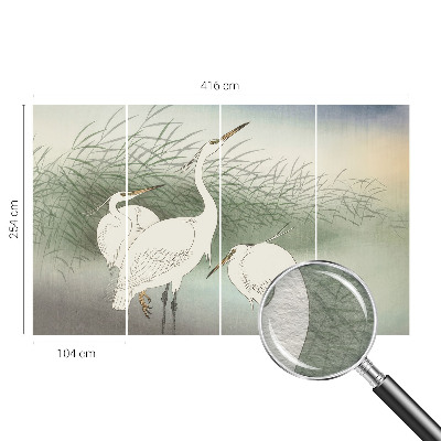 Mural decorativo con diseño de garzas entre la hierba