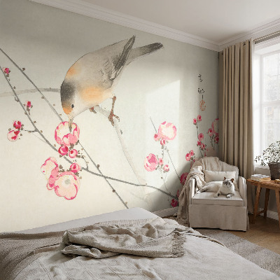 Fotomural decorativo para cabecero de cama con diseño de pájaros y flores