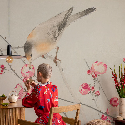Fotomural decorativo para cabecero de cama con diseño de pájaros y flores