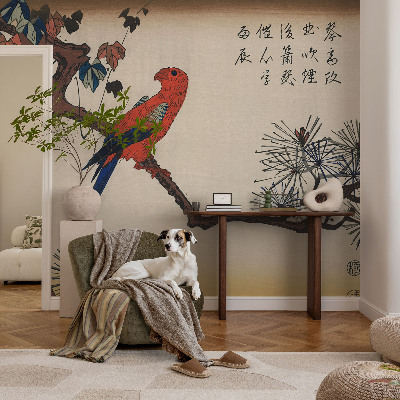 Mural decorativo con ilustración de un pájaro posado en una rama