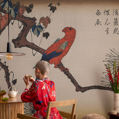 Mural decorativo con ilustración de un pájaro posado en una rama
