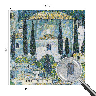 Mural decorativo con diseño de casas entre cipreses