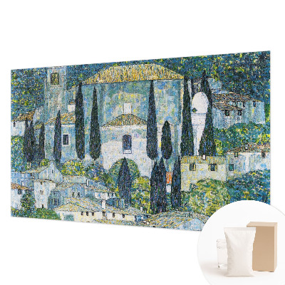 Mural decorativo con diseño de casas entre cipreses