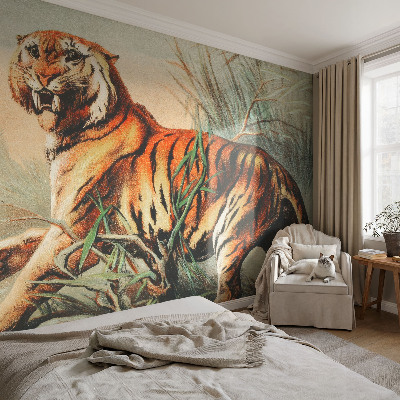 Mural decorativo con diseño de tigre y motivos naturales