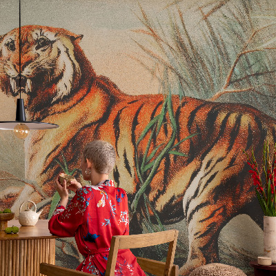 Mural decorativo con diseño de tigre y motivos naturales