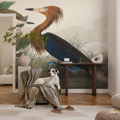 Mural decorativo con diseño de pájaros entre plantas