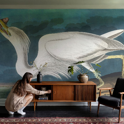 Fotomural decorativo para cabecero de cama con diseño de un pájaro sosteniendo un pez