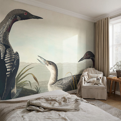 Papel mural texturado decorativo con diseño de pájaros sobre el agua