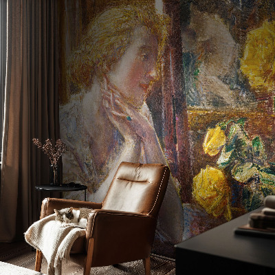 Mural decorativo con la imagen de una mujer con rosas