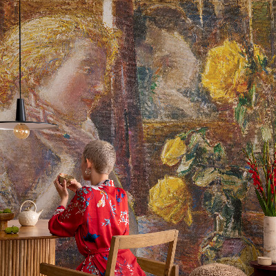 Mural decorativo con la imagen de una mujer con rosas