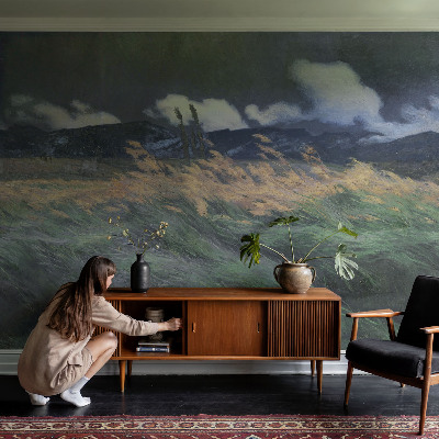 Papel mural con patrón decorativo con diseño de hierbas arrastradas por el viento