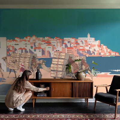 Mural de pared con estampado hermoso con motivos de caravana de camellos