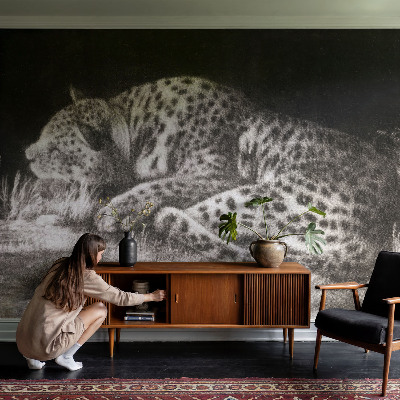 Papel mural con patrón decorativo con un motivo de leopardo descansando