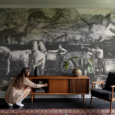 Papel mural texturado decorativo con motivo de escena de pueblo