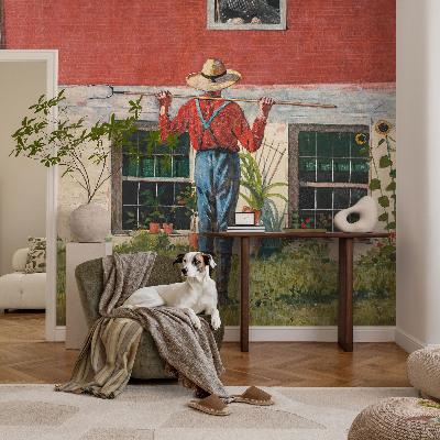 Papel mural texturado decorativo con escena de pueblo