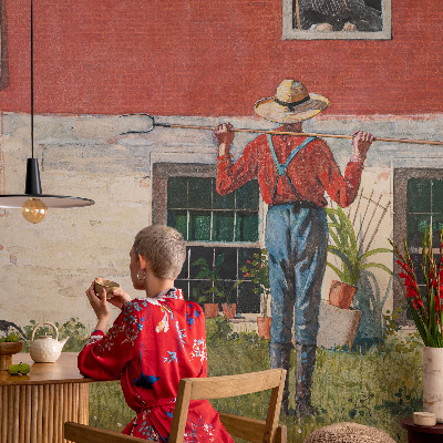Papel mural texturado decorativo con escena de pueblo