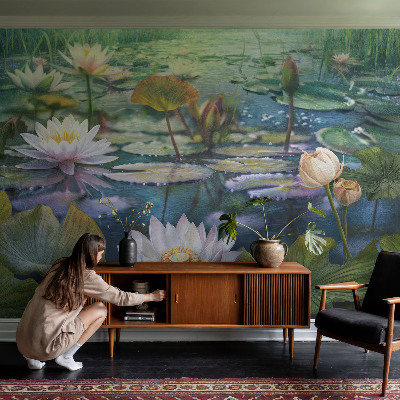 Mural de pared con estampado hermoso con motivo de flores de estanque
