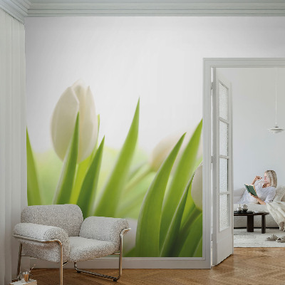 Papel mural con patrón decorativo tulipanes blancos