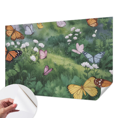 Fotomural decorativo para cabecero de cama con diseño de mariposas sobre un prado