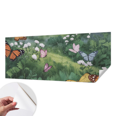 Fotomural decorativo para cabecero de cama con diseño de mariposas sobre un prado