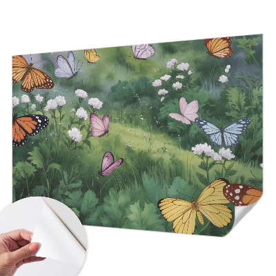 Fotomural decorativo para cabecero de cama con diseño de mariposas sobre un prado