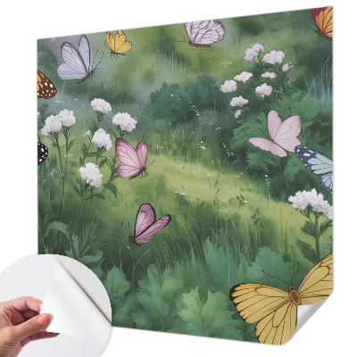 Fotomural decorativo para cabecero de cama con diseño de mariposas sobre un prado