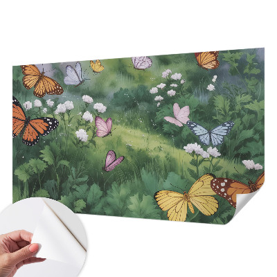 Fotomural decorativo para cabecero de cama con diseño de mariposas sobre un prado