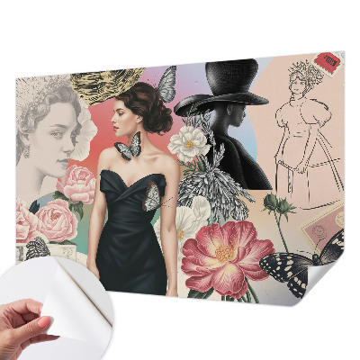 Papel mural con patrón decorativo con motivos de flores y retratos