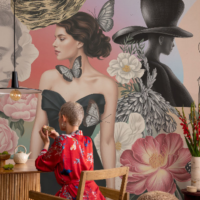 Papel mural con patrón decorativo Flores y retratos