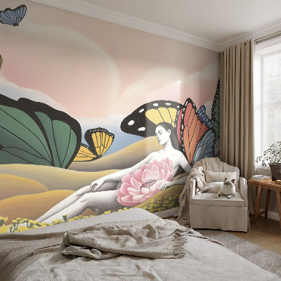 Papel mural con patrón decorativo pradera de mariposas