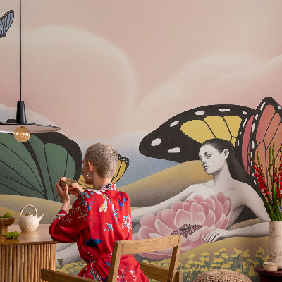 Papel mural con patrón decorativo pradera de mariposas