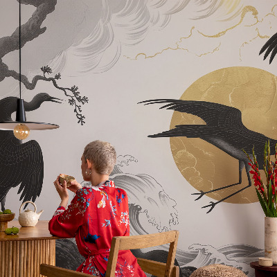 Mural de pared con estampado hermoso grullas negras