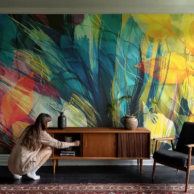 Papel mural con patrón decorativo con un motivo de hojas abstractas